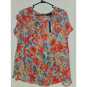 Premise Woman Floral Print Short Sleeve Back Button Blouse Orange Blue 2X NWT